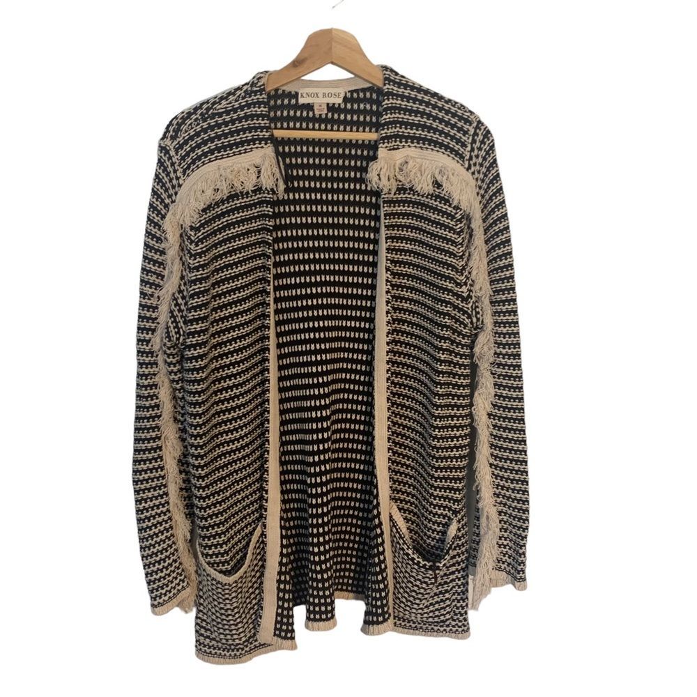Knox Rose Open Front Fringe Black and White Cardigan Womens Size Medium …